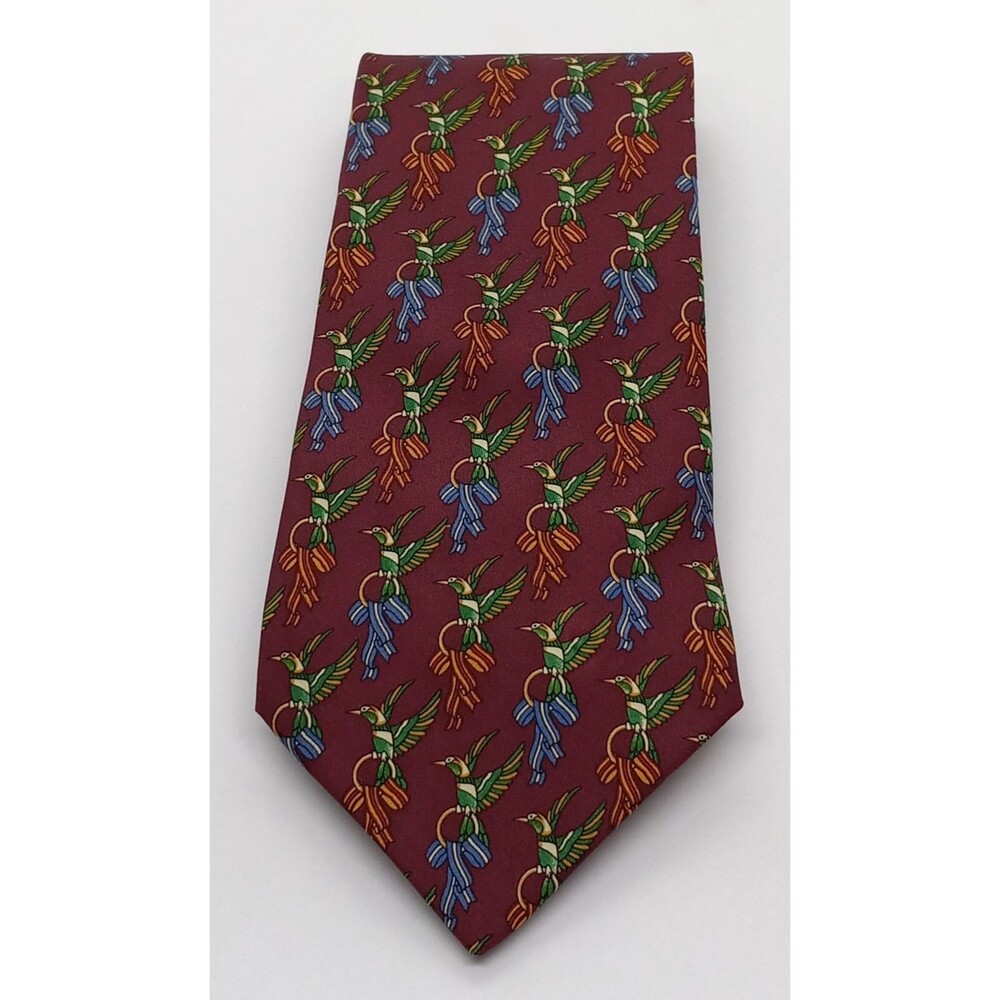 SALVATORE FERRAGAMO Silk Men's Tie Burgundy Red Necktie Multicolor Birds Ribbons